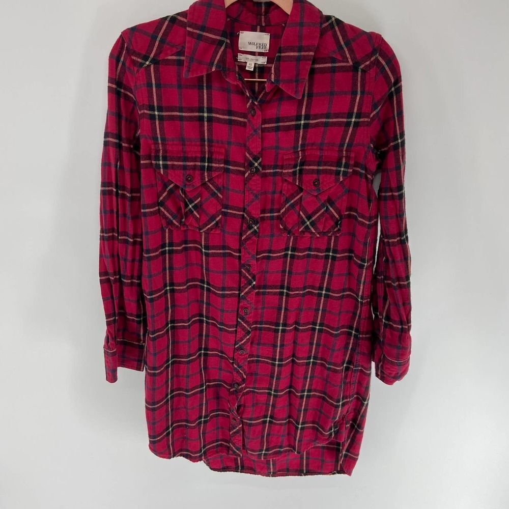 Aritzia wilfred Red black Cotton check Plaid full button Shirt Dress womens xs